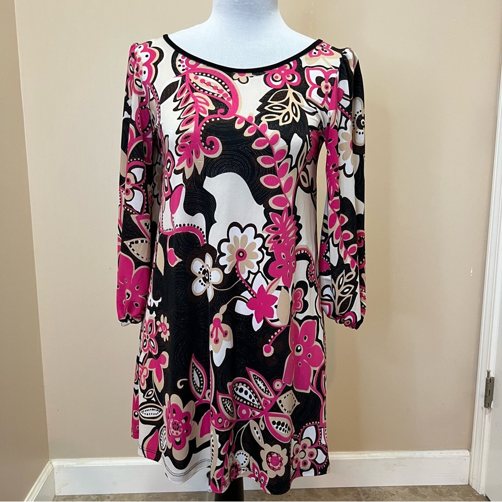 Kitty Kat Womens PinkBlack&White LongSleeve Paisley Print Retro Dress Size Large
